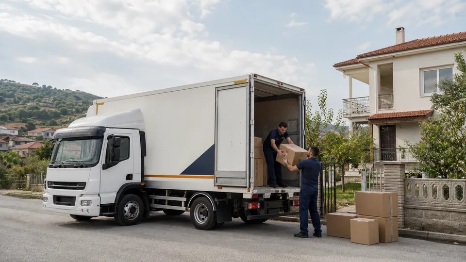 Alaçam ilçesinde konut önünde eşya yükleyen evden eve nakliyat ekibi