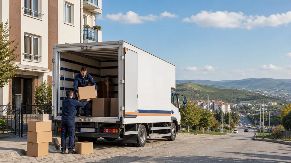 Havza ilçesinde konut önünde eşya yükleyen evden eve nakliyat ekibi