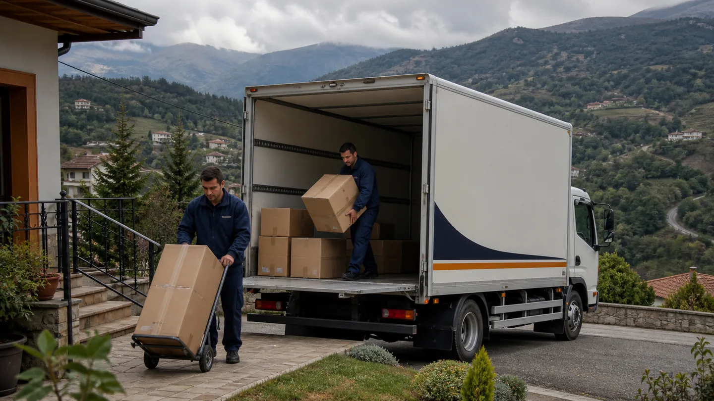 Ladik ilçesinde konut önünde eşya yükleyen evden eve nakliyat ekibi