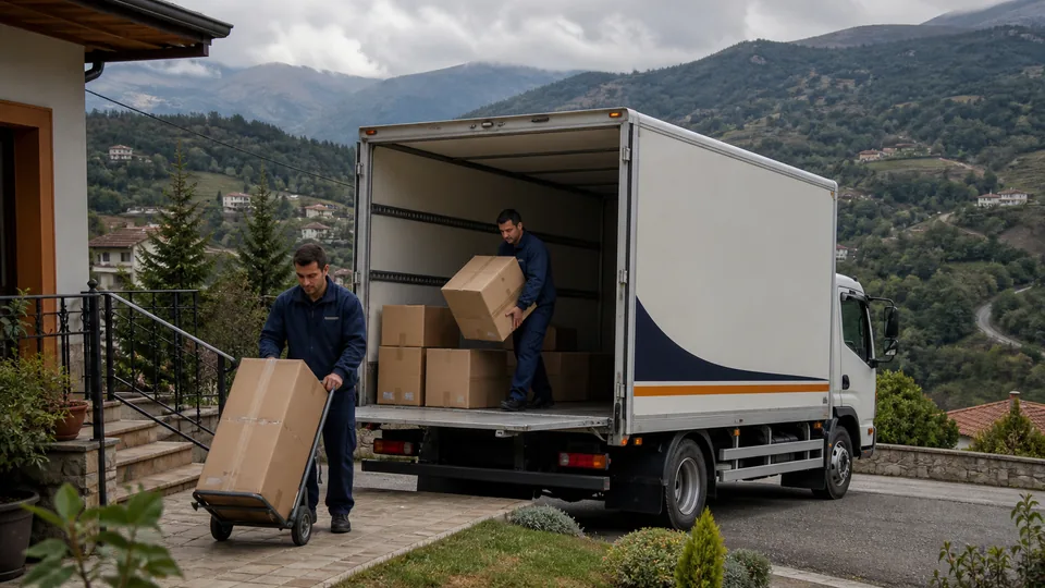 Ladik ilçesinde konut önünde eşya yükleyen evden eve nakliyat ekibi