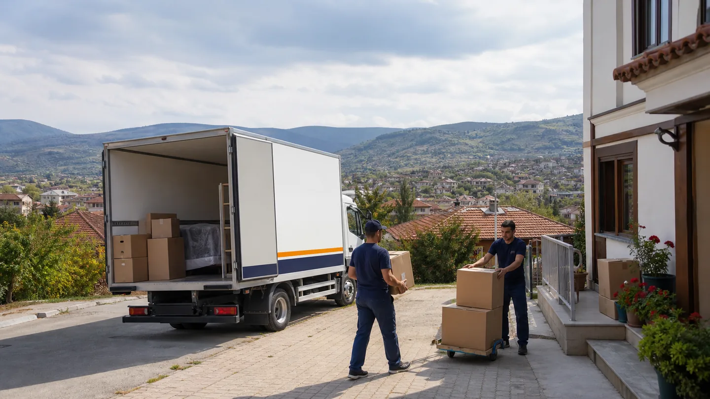 Vezirköprü ilçesinde konut önünde eşya yükleyen evden eve nakliyat ekibi