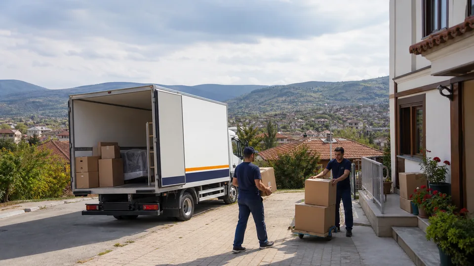 Vezirköprü ilçesinde konut önünde eşya yükleyen evden eve nakliyat ekibi