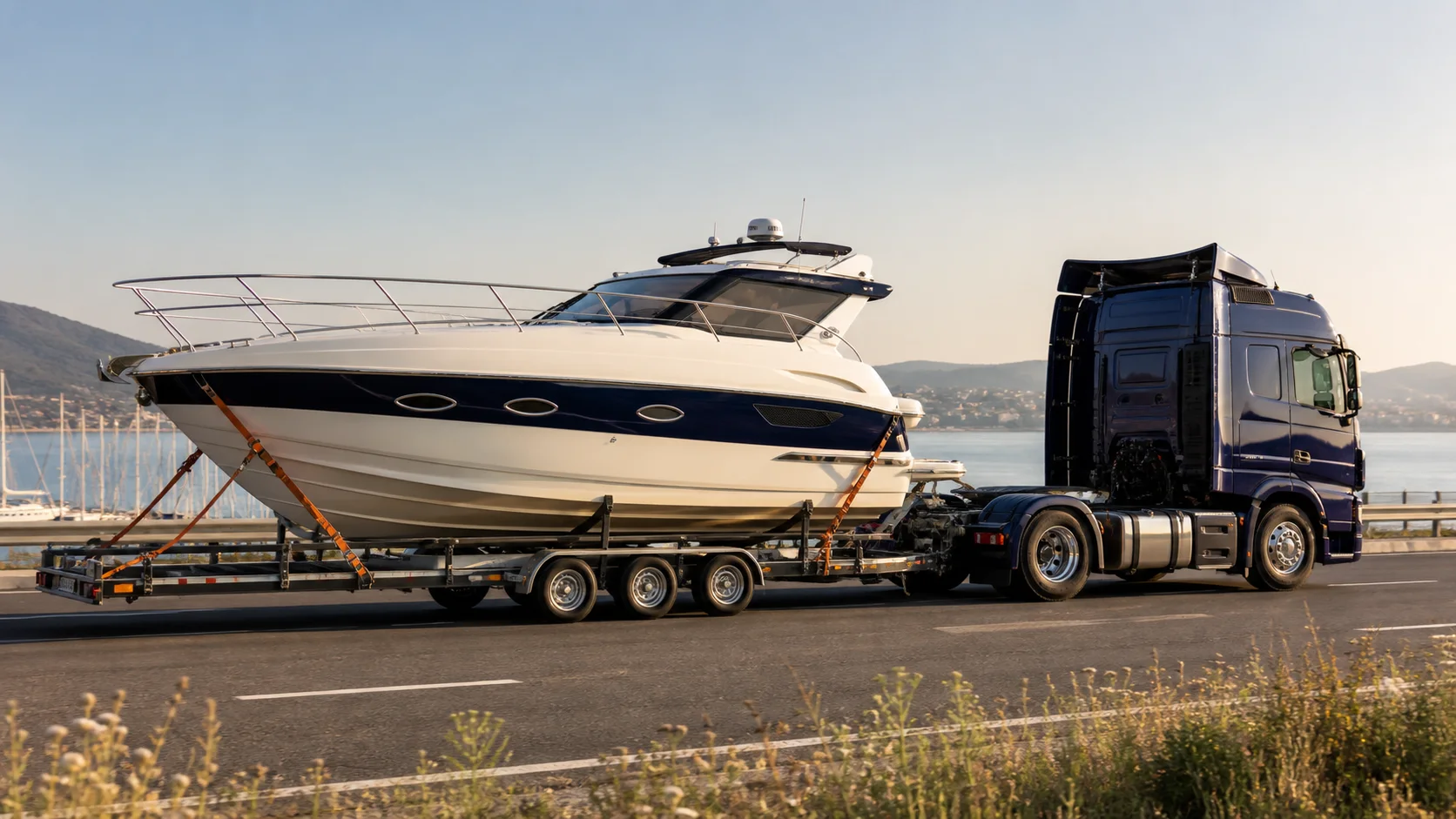 Karayoluyla tekne taşımacılığı için marinada hazırlanan tekne ve taşıyıcı